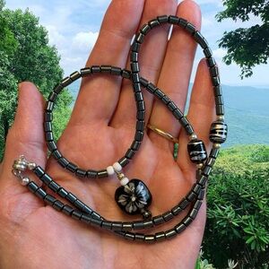 Handmade Black Hematite Beaded Necklace with Flower